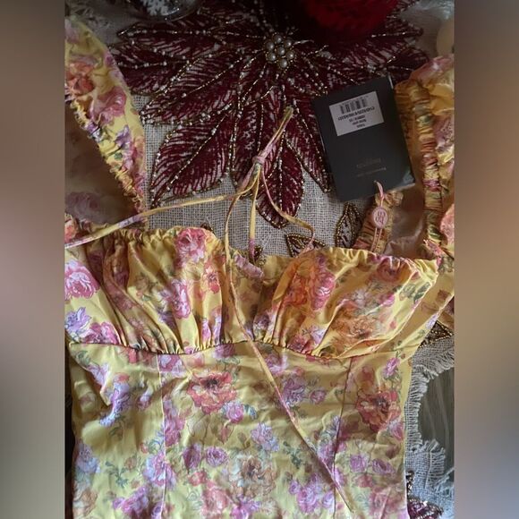 House of CB Maxi Dress Sz XS Yellow Floral Felizia Butter Print Puff Selene NEW - Picture 9 of 16